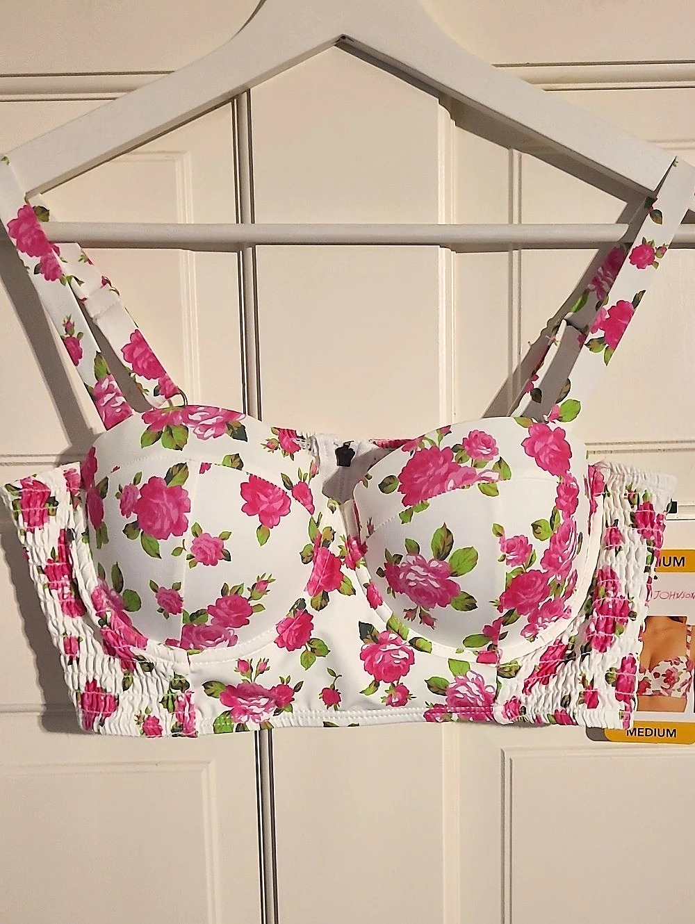 Betsey Johnson Gingham Rose Bikini Set Pink & White Medium Top Large Bottom NWT